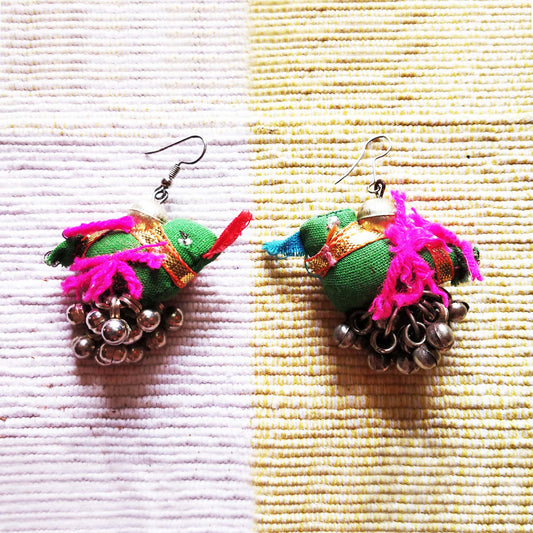 Green Ghungroo Bird Earrings