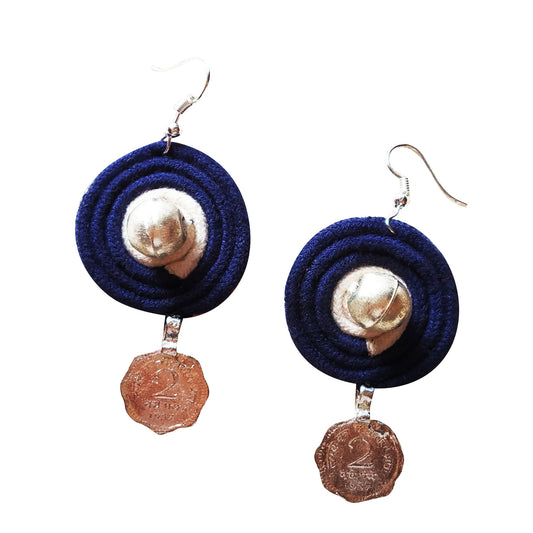 Blue Beaded Coin Earrings