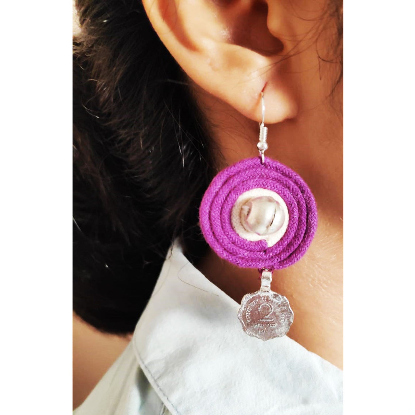 Purple Beaded Coin Earrings