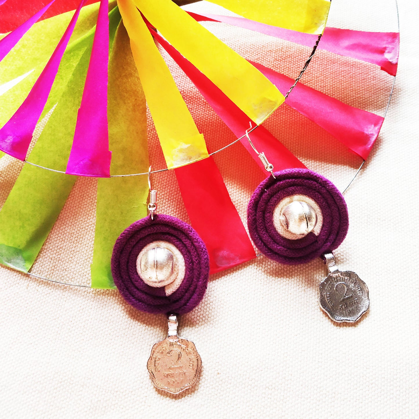 Purple Beaded Coin Earrings