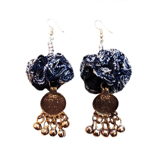 Denim Pompom Earrings