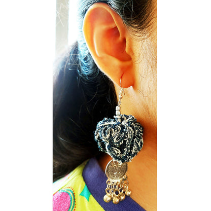 Denim Pompom Earrings