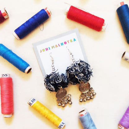 Denim Pompom Earrings