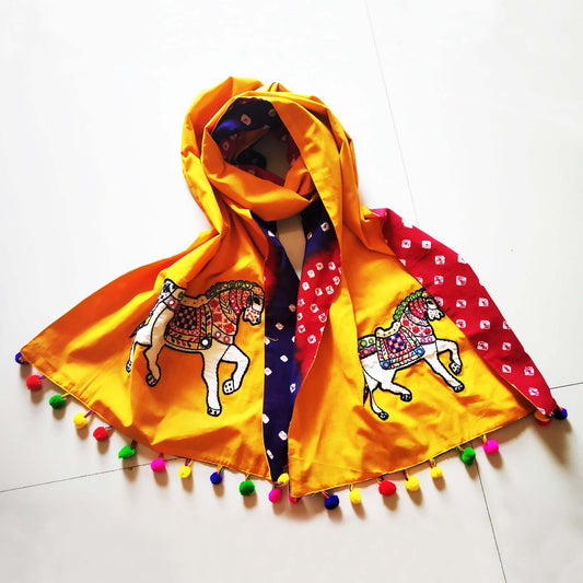 Yellow Horse Bandhej Stole